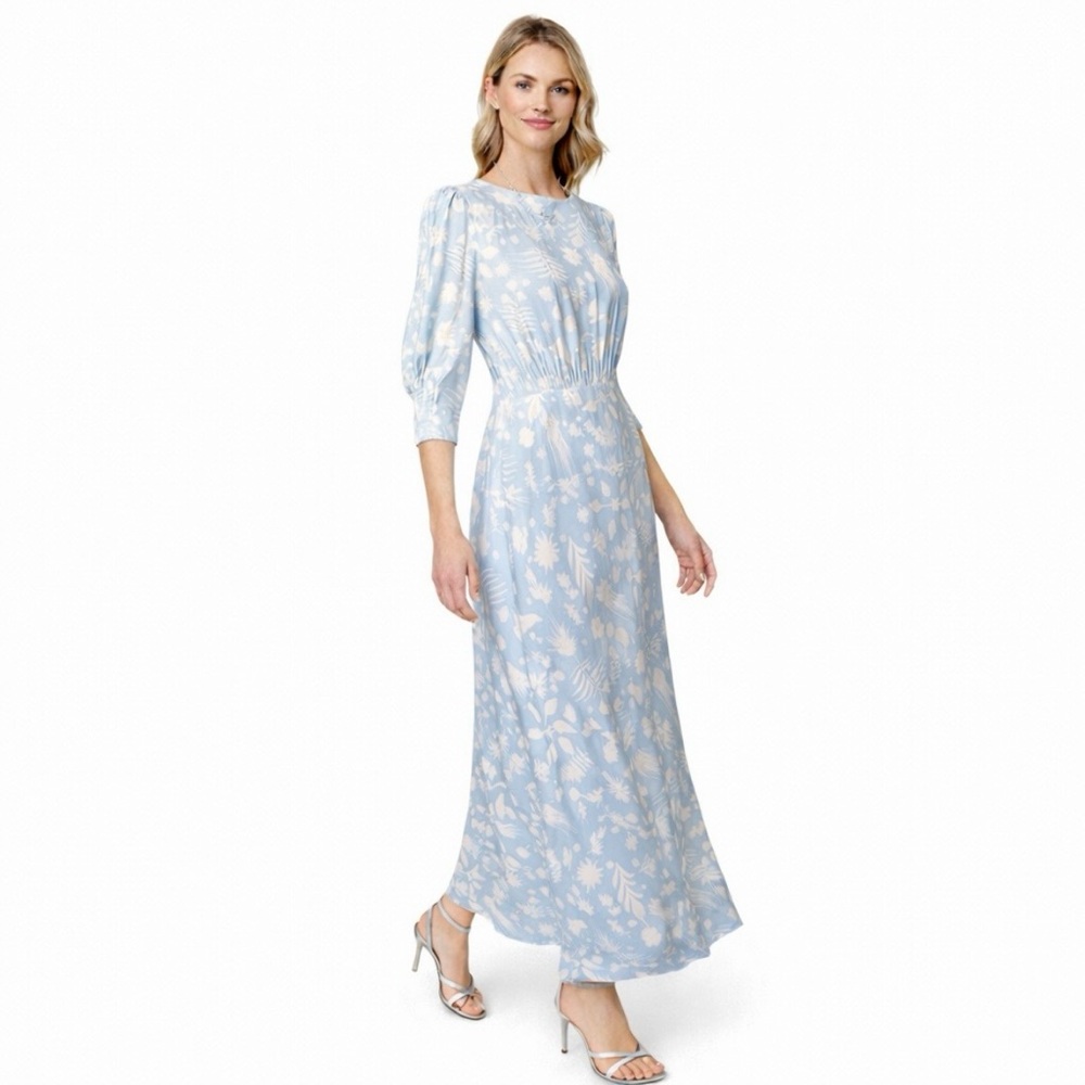 RIXO Pale Blue and Cream Floral Midi Dress